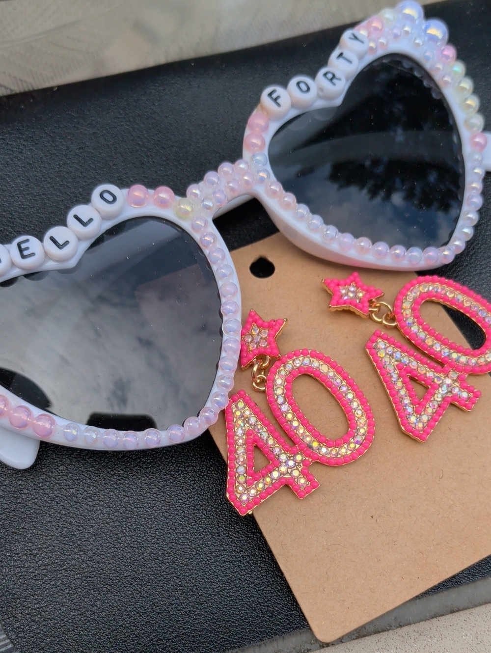 🩷 40th Birthday Set  '40' Pink Rhinestone Earrings And Bling Sunglasses